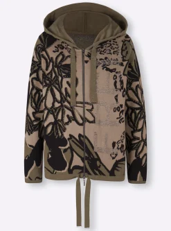 Strickjacken|heine Jacquardstrickjacke mit weitenverstellbarer Kapuze khaki-schlamm-gemustert
