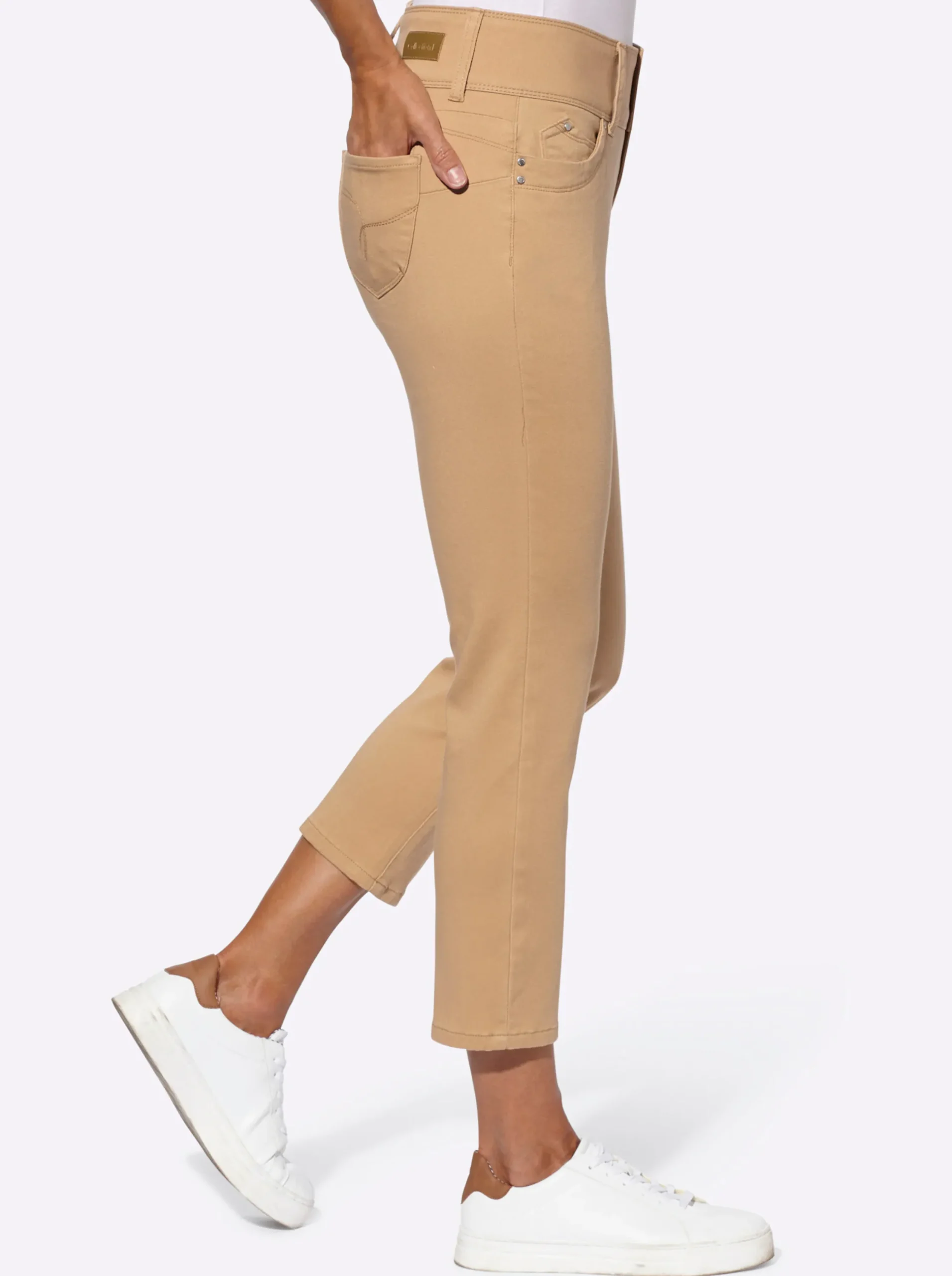 Basics| 7/8-Jeans mit breitem 3-Knopf-Bund camel