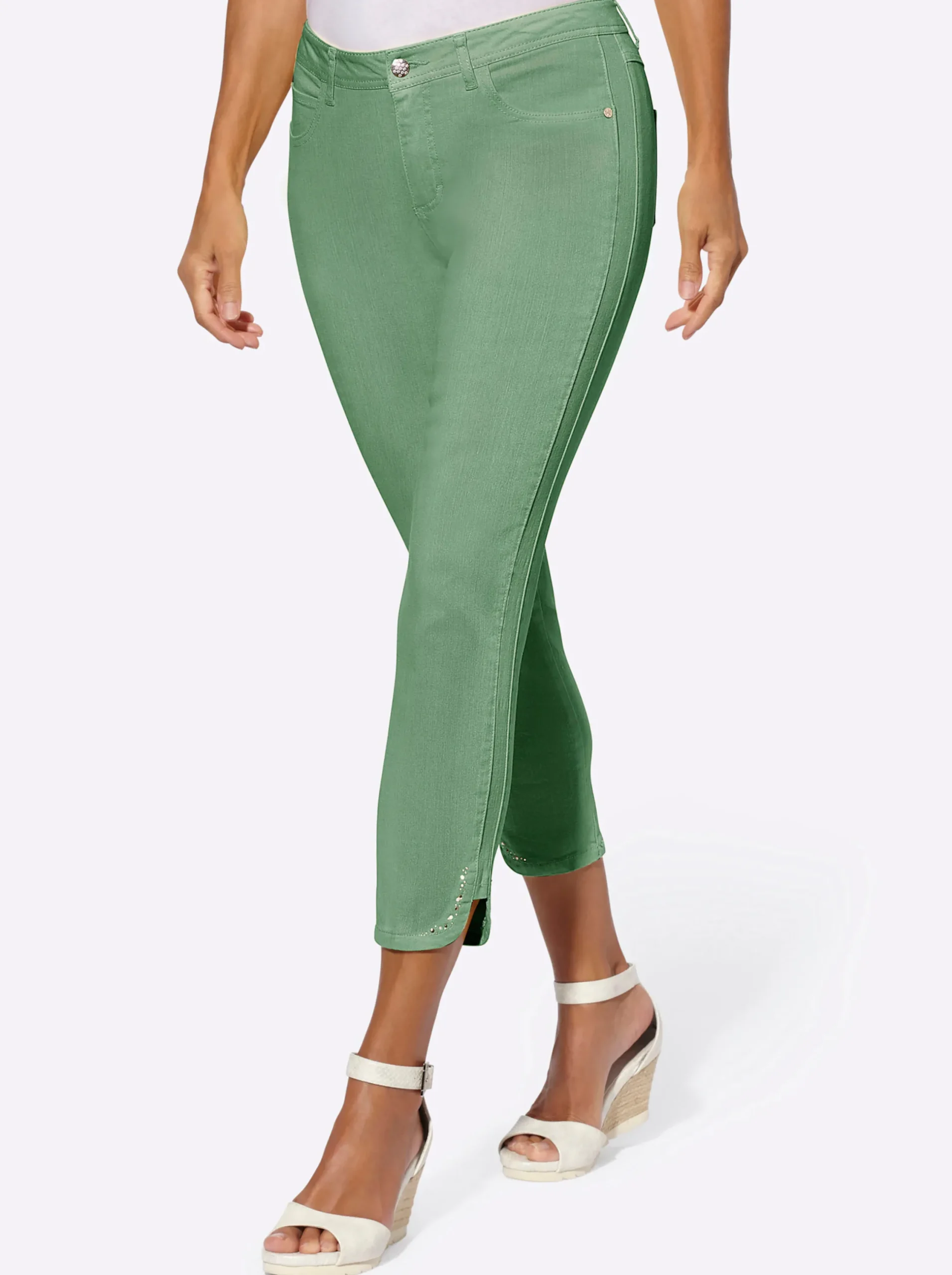 Strandmode|Jeans| 7/8-Jeans mit Glitzersteinchen an den Beinschlitzen eucalyptus