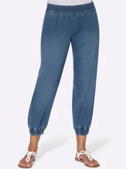 Jeans| 7/8-Jeans mit Smokpartie an Bund und Beinabschluss blue-bleached