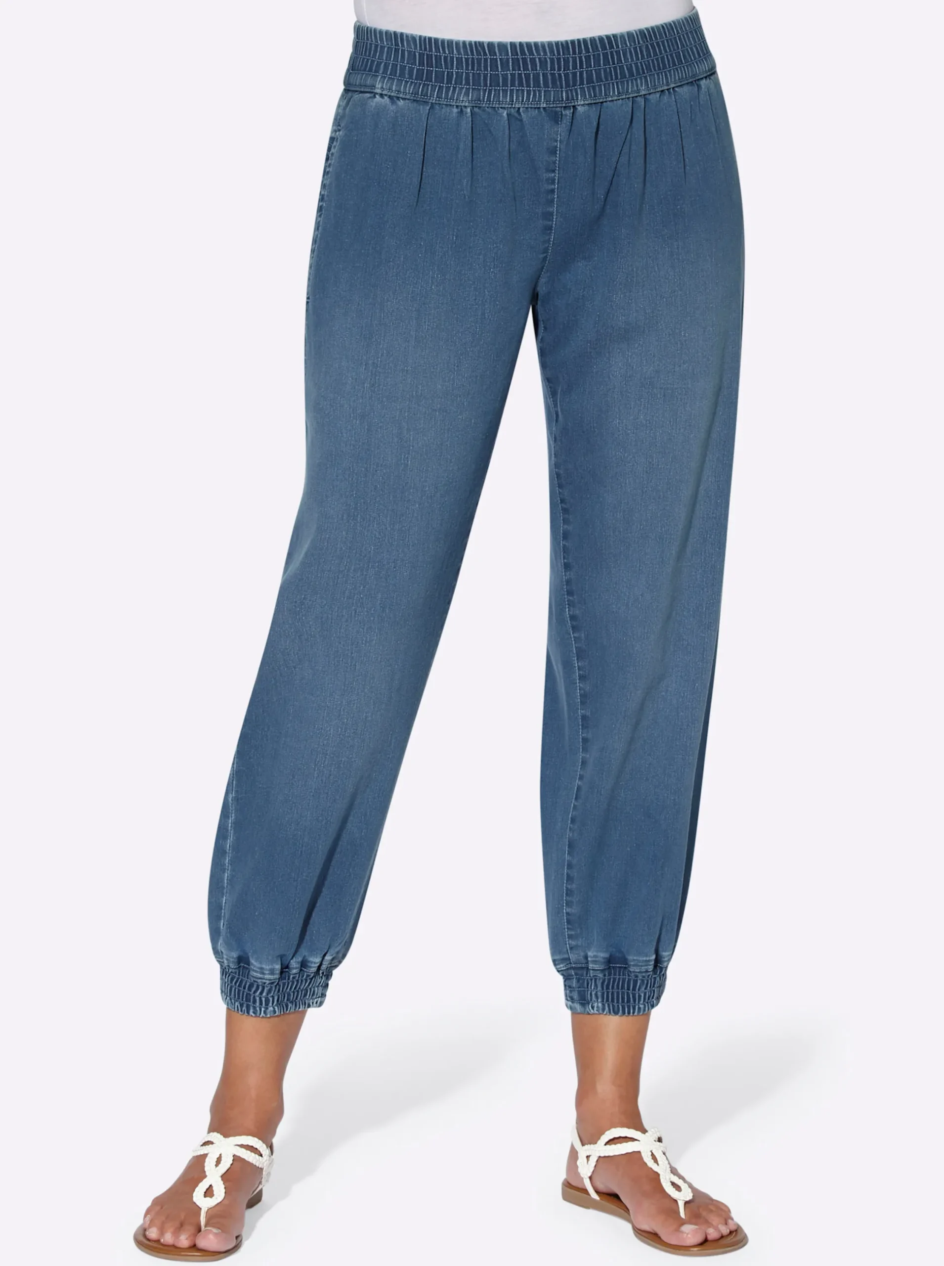 Jeans| 7/8-Jeans mit Smokpartie an Bund und Beinabschluss blue-bleached