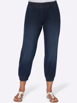 Jeans| 7/8-Jeans mit Smokpartie an Bund und Beinabschluss darkblue