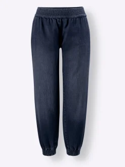 Jeans| 7/8-Jeans mit Smokpartie an Bund und Beinabschluss darkblue