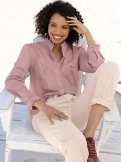 Blusen|heine Jeansbluse mit Rüschen hortensie