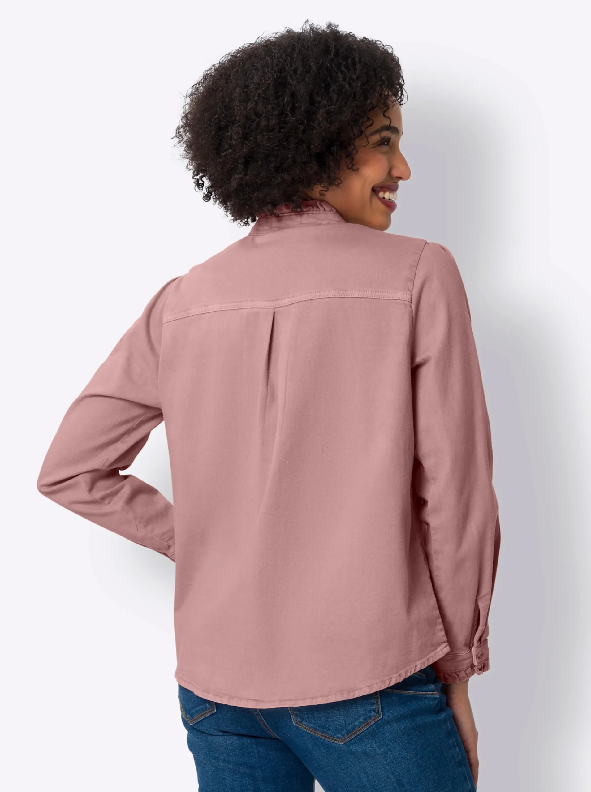 Blusen|heine Jeansbluse mit Rüschen hortensie