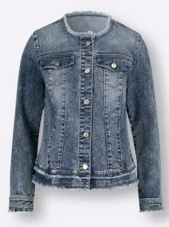 Jacken| Jeansjacke mit Fransen an den Absschlüssen blue-stone-washed