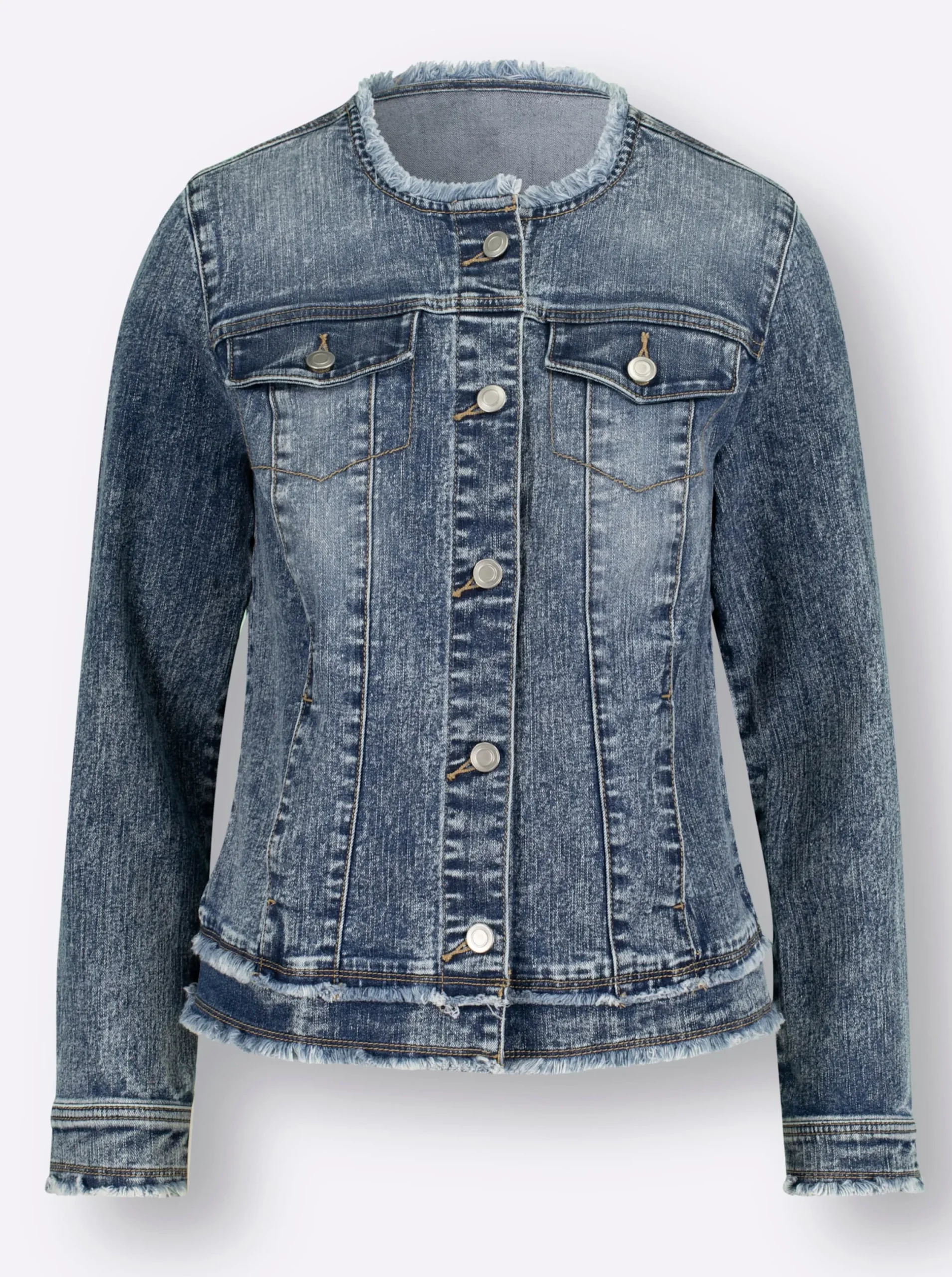 Jacken| Jeansjacke mit Fransen an den Absschlüssen blue-stone-washed