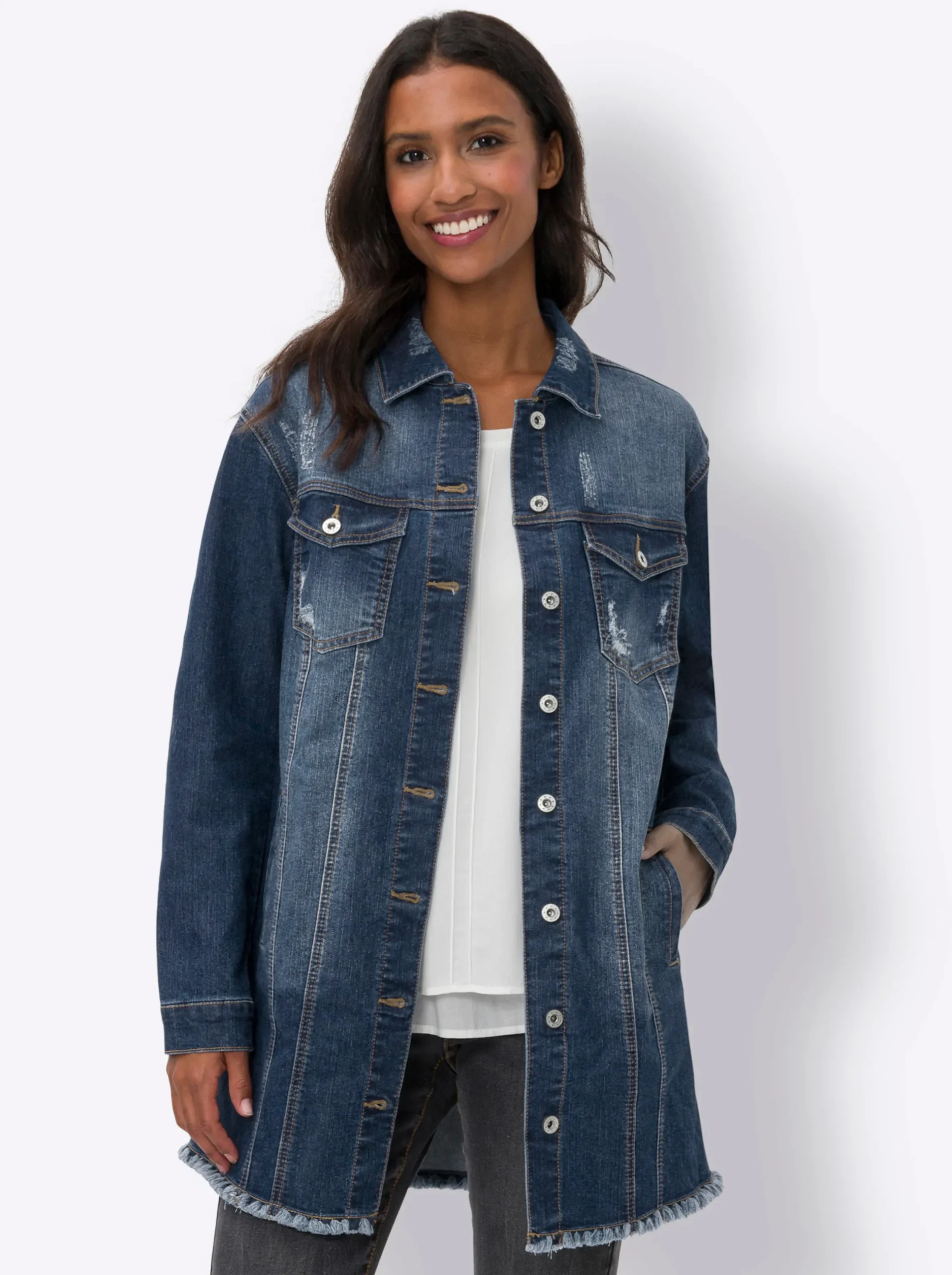 Jacken|Blazer|heine Jeansjacke mit Fransen-Kante, Longform blue-stone-washed