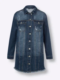 Jacken|Blazer|heine Jeansjacke mit Fransen-Kante, Longform blue-stone-washed
