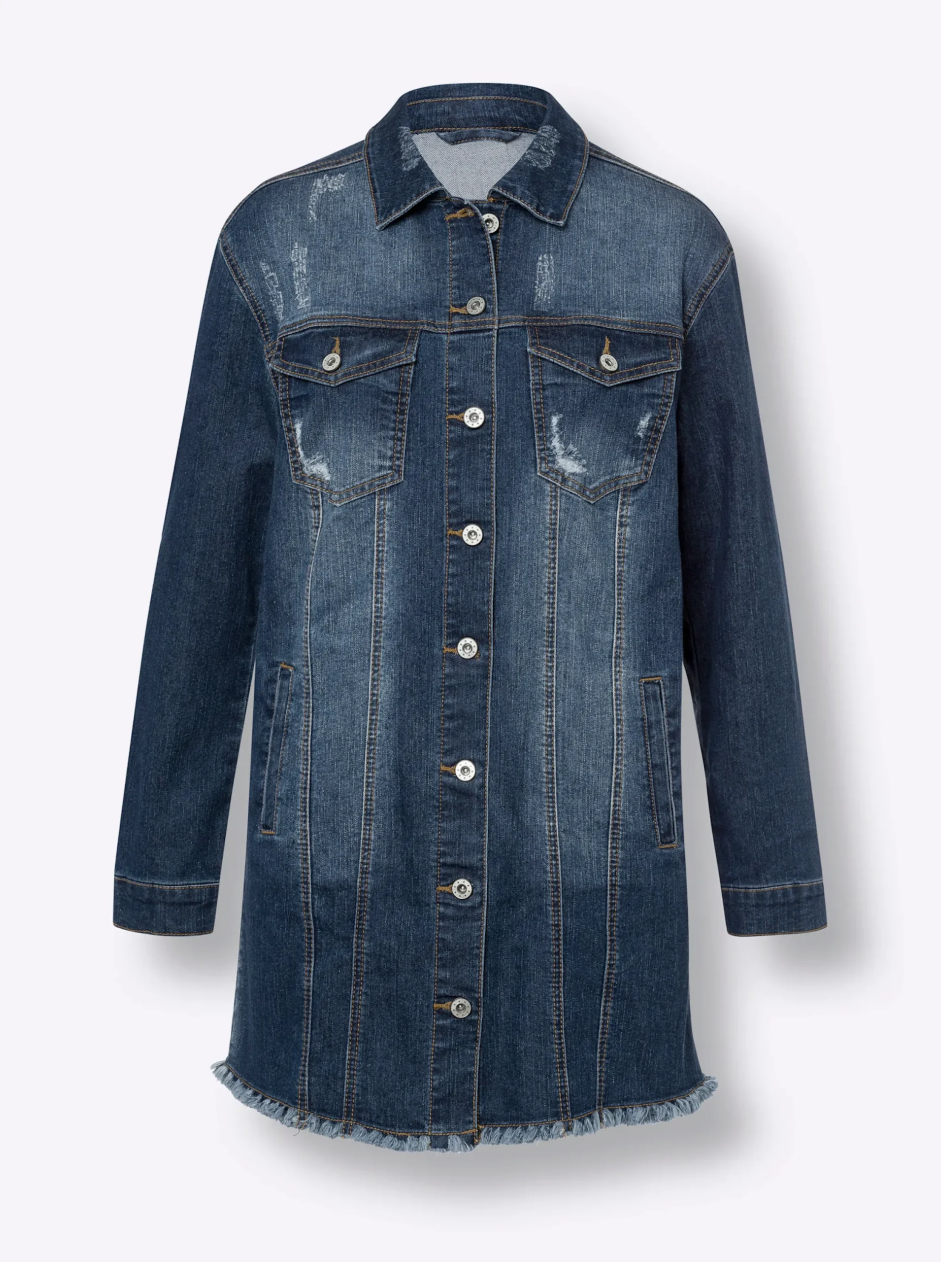 Jacken|Blazer|heine Jeansjacke mit Fransen-Kante, Longform blue-stone-washed