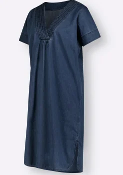 Kleider| Jeanskleid mit V-Ausschnitt, Baumwolle blue-stone-washed
