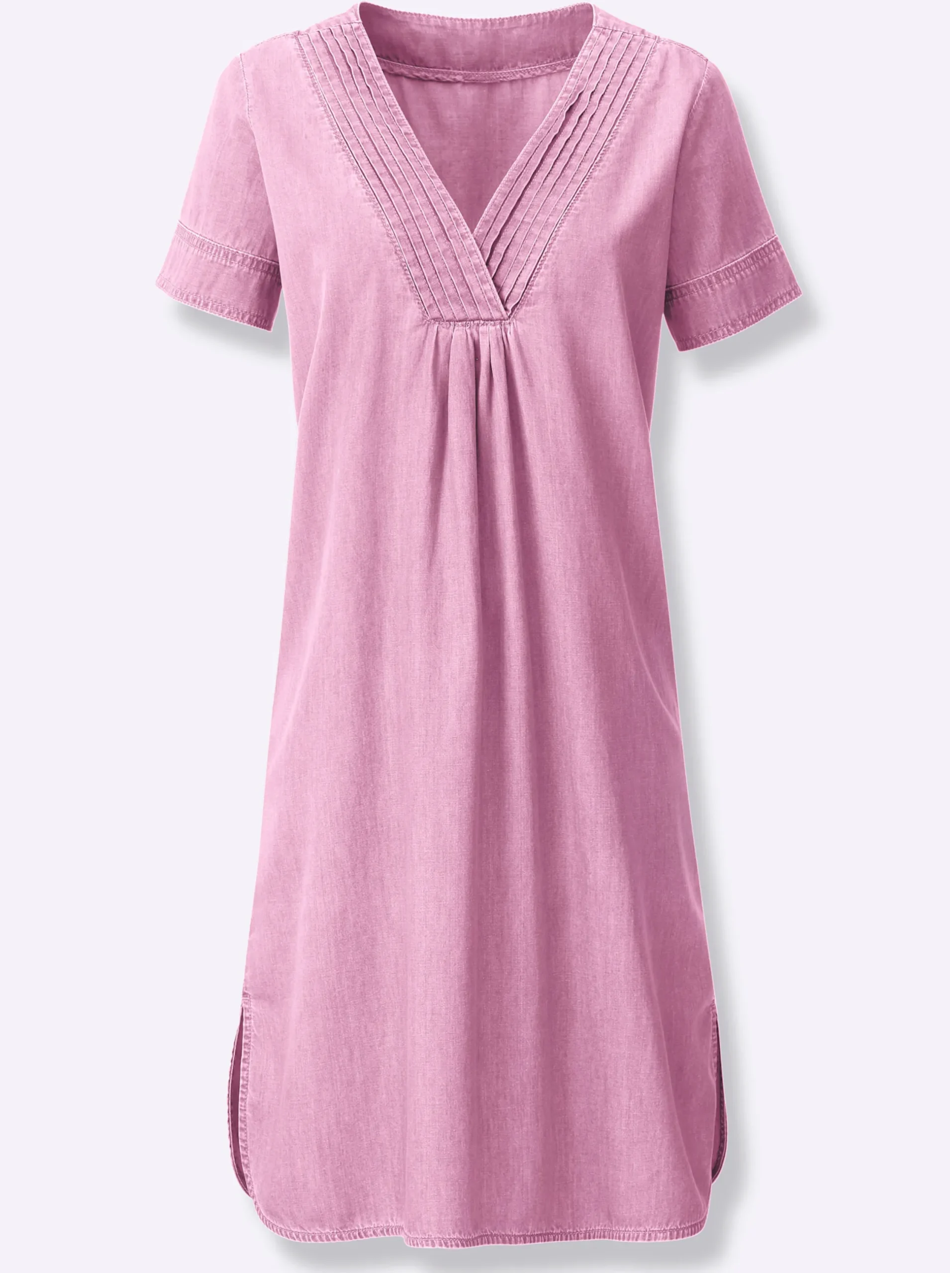 Strandkleider|Kleider| Jeanskleid mit V-Ausschnitt, Baumwolle rosé