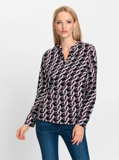 Blusen|heine Jersey-Bluse schwarz-fuchsia-bedruckt