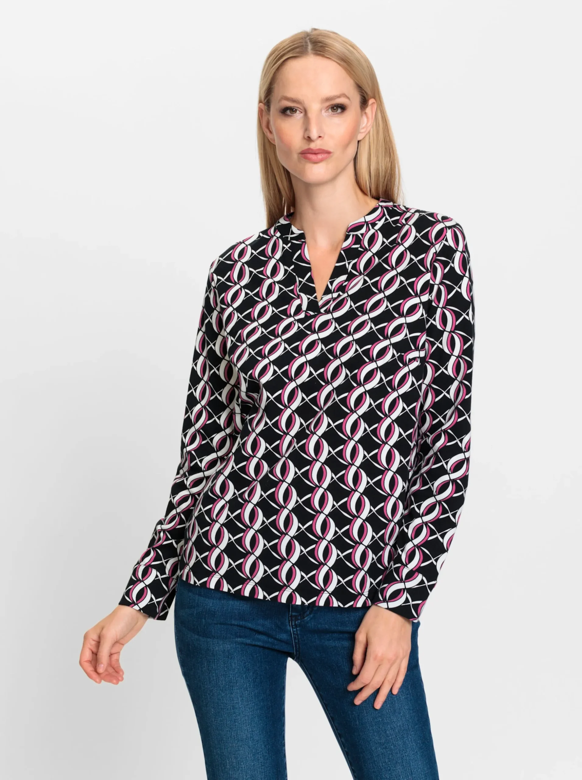 Blusen|heine Jersey-Bluse schwarz-fuchsia-bedruckt