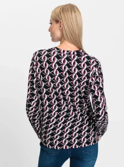Blusen|heine Jersey-Bluse schwarz-fuchsia-bedruckt