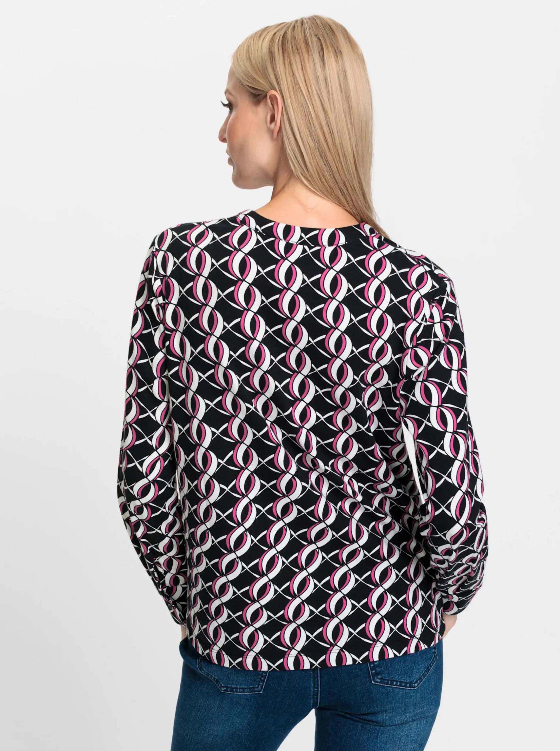 Blusen|heine Jersey-Bluse schwarz-fuchsia-bedruckt