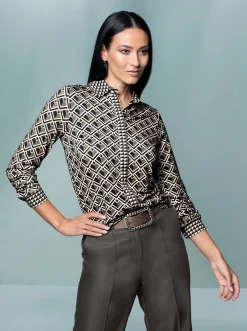 Blusen|Shirts|heine Jersey-Bluse khaki-graphit-bedruckt