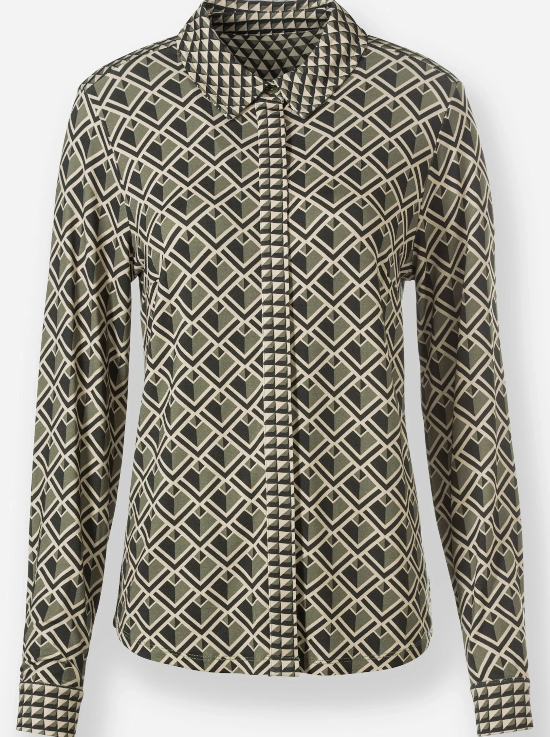 Blusen|Shirts|heine Jersey-Bluse khaki-graphit-bedruckt