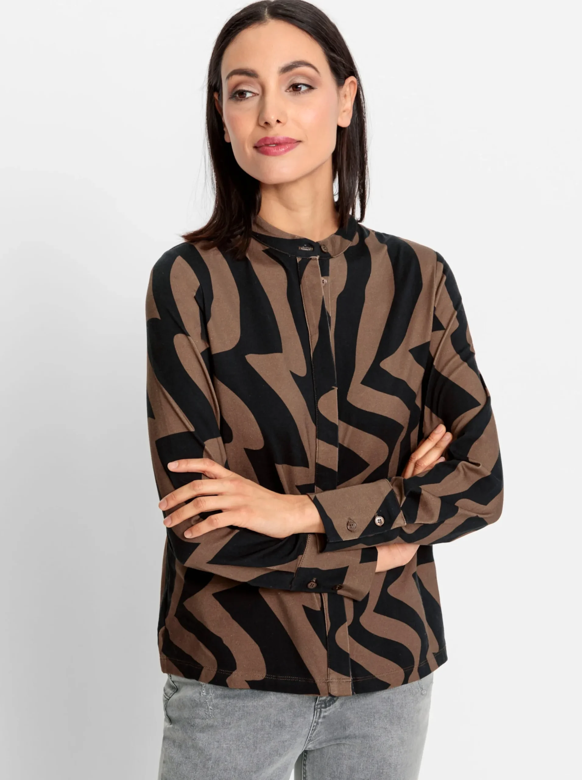 Blusen|heine Jersey-Bluse braun-schwarz-bedruckt