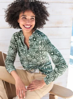 Blusen|heine Jersey-Bluse moos-champagner-bedruckt