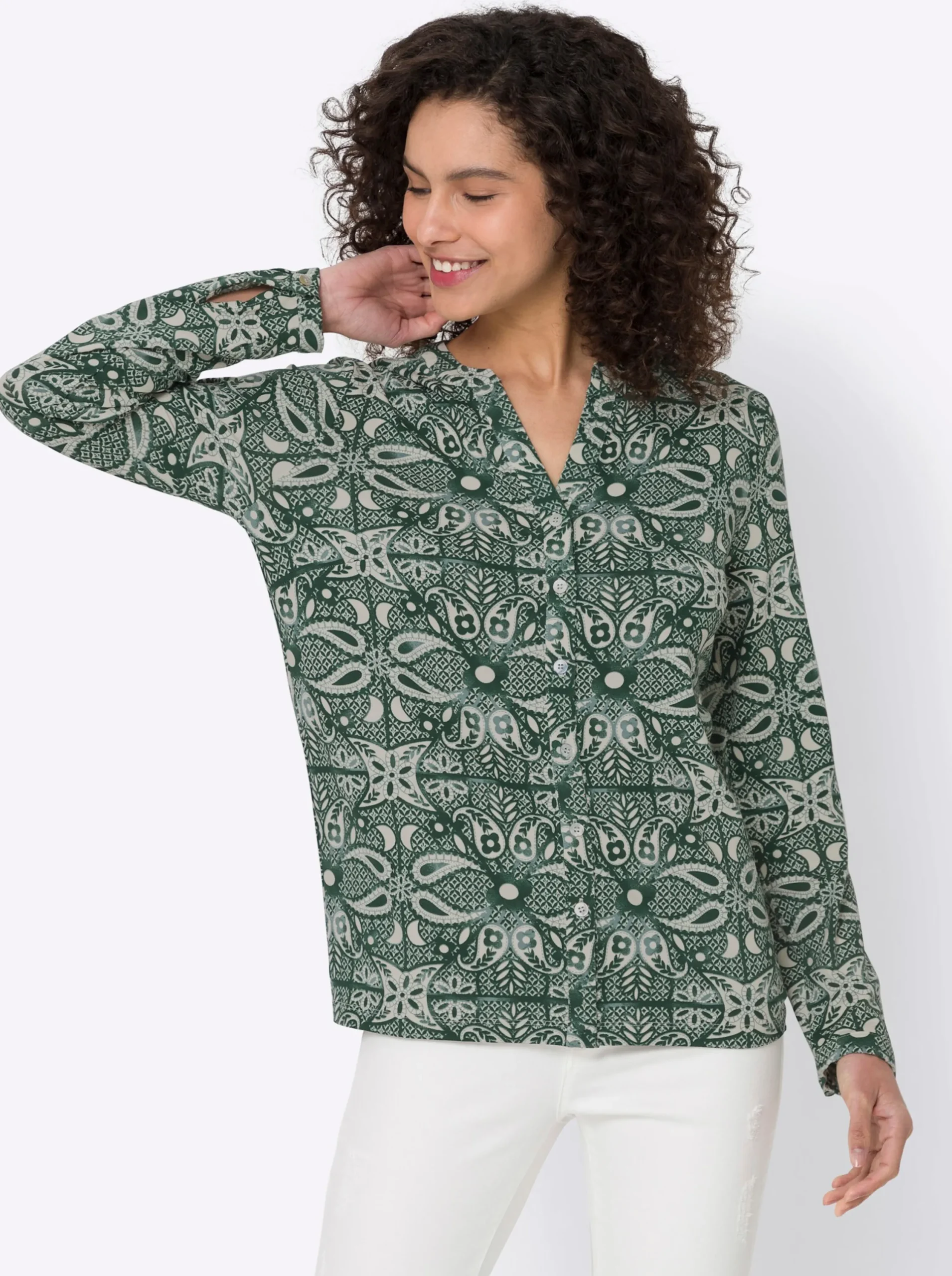 Blusen|heine Jersey-Bluse moos-champagner-bedruckt