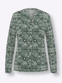Blusen|heine Jersey-Bluse moos-champagner-bedruckt