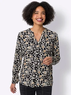 Shirts|heine Jersey-Bluse mit Herz-Print champagner-schwarz-bedruckt