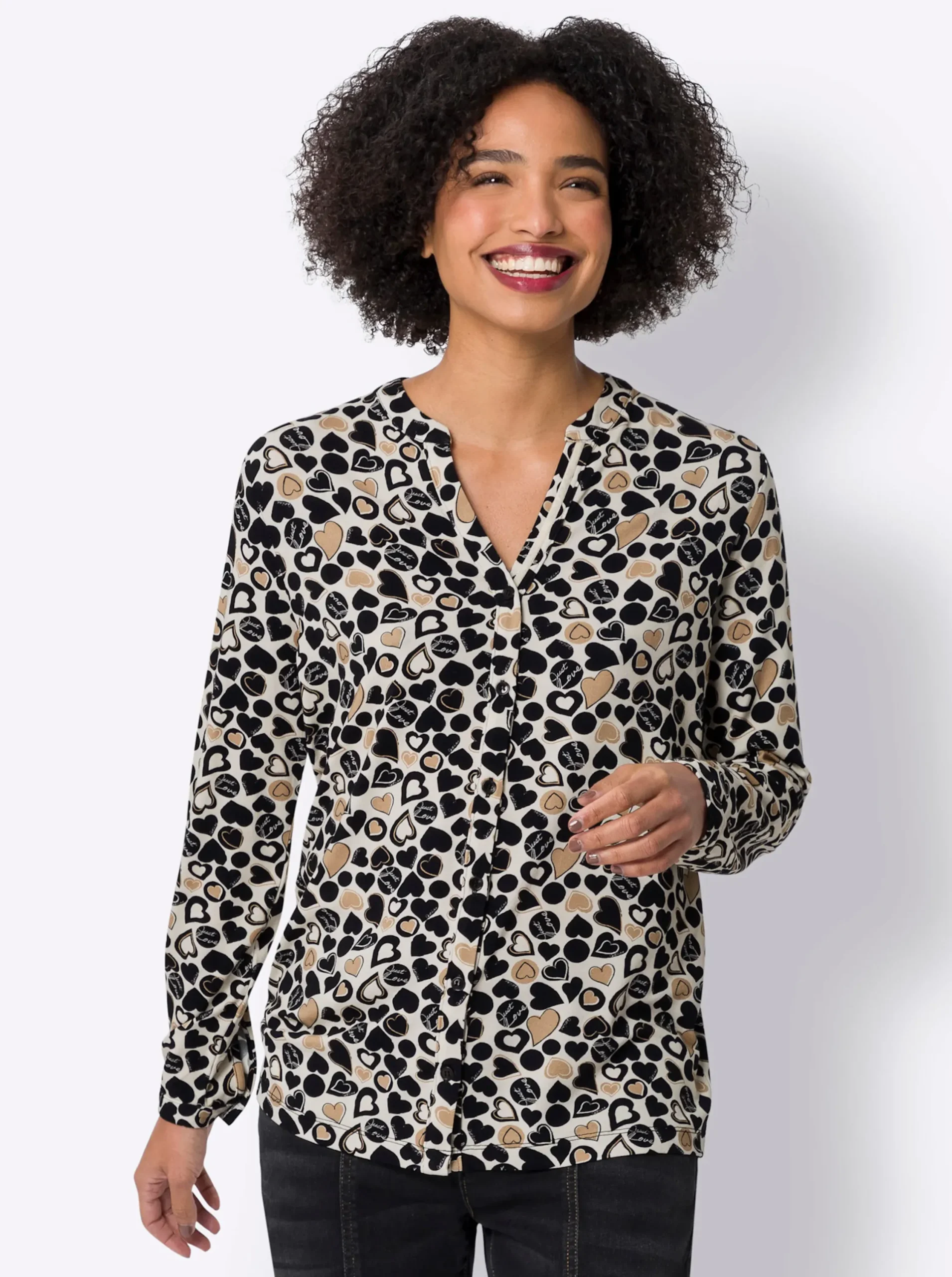Shirts|heine Jersey-Bluse mit Herz-Print champagner-schwarz-bedruckt