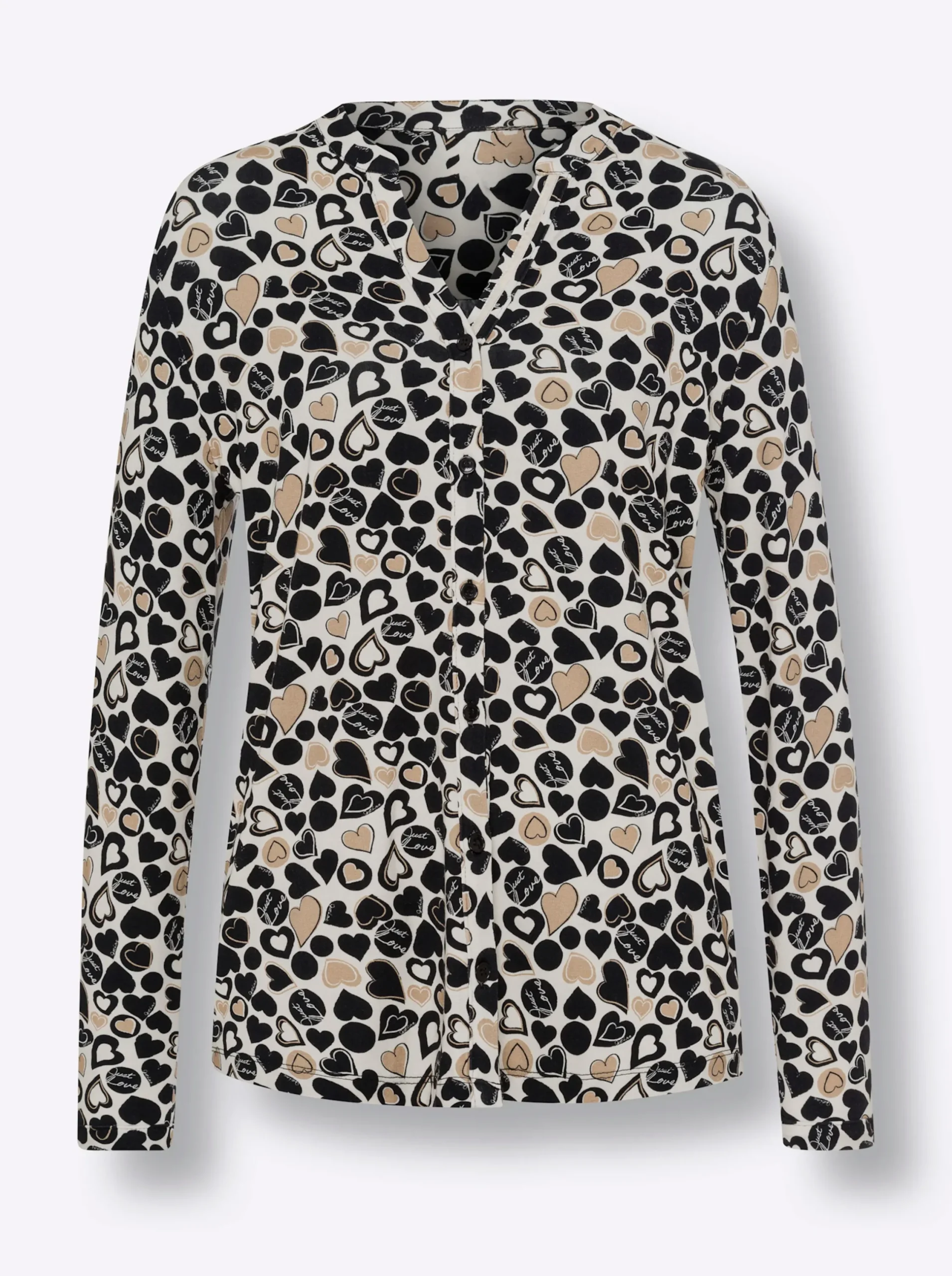 Shirts|heine Jersey-Bluse mit Herz-Print champagner-schwarz-bedruckt
