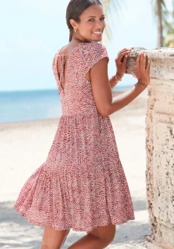 Strandkleider|Vivance Jerseykleid rot-apricot-blaubedruckt
