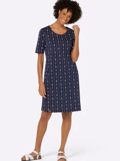 Kleider| Jerseykleid im maritimen Dessin marine-weiß-bedruckt