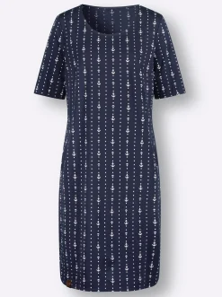 Kleider| Jerseykleid im maritimen Dessin marine-weiß-bedruckt