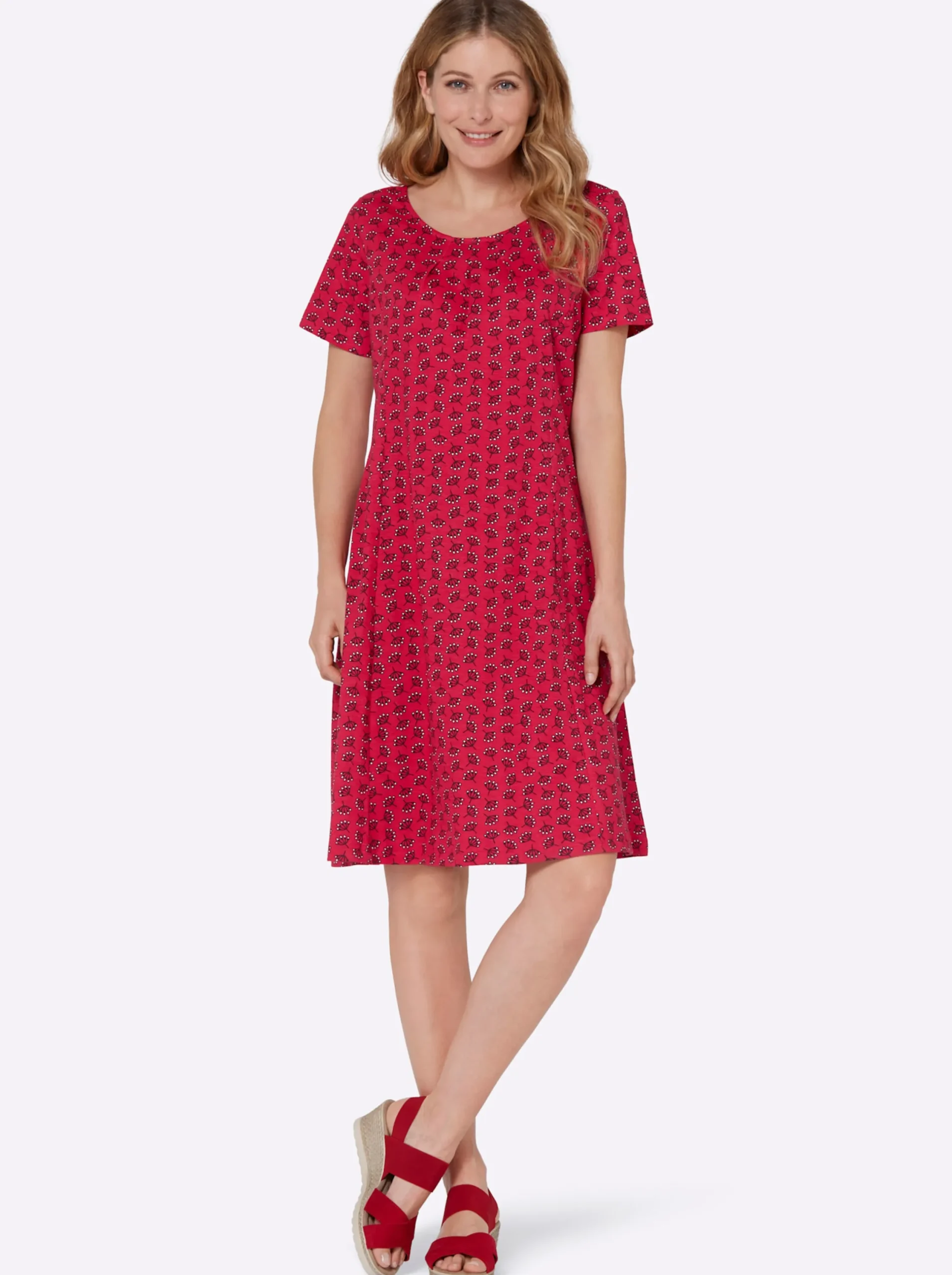 Kleider| Jerseykleid im Minimal-Dessin erdbeere-ecru-bedruckt
