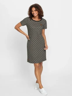 Kleider| Jerseykleid in Schlupfform beige-schwarz-bedruckt