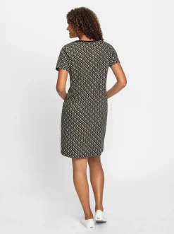 Kleider| Jerseykleid in Schlupfform beige-schwarz-bedruckt