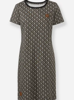 Kleider| Jerseykleid in Schlupfform beige-schwarz-bedruckt