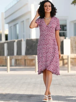 Strandkleider|Kleider| Jerseykleid in Wickel-Optik erika-bedruckt
