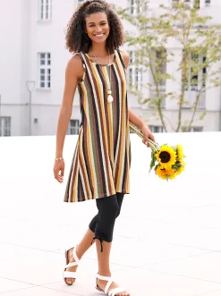 Strandkleider| Jerseykleid mit Flammgarn-Struktur ocker-khaki-gestreift