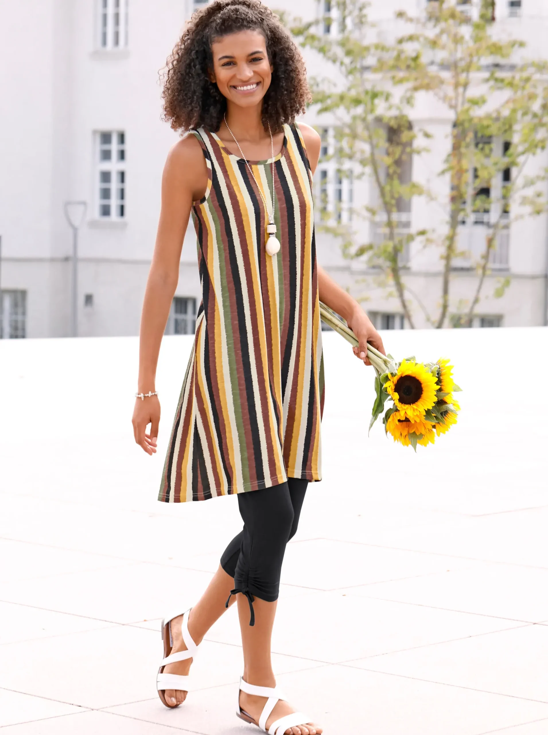 Strandkleider| Jerseykleid mit Flammgarn-Struktur ocker-khaki-gestreift
