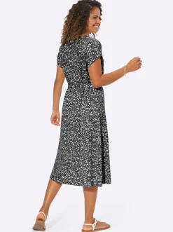 Kleider| Jerseykleid mit gerafftem V-Ausschnitt schwarz-weiß-bedruckt