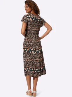 Kleider| Jerseykleid mit Gummizug auf Taillenhöhe papaya-schwarz-bedruckt