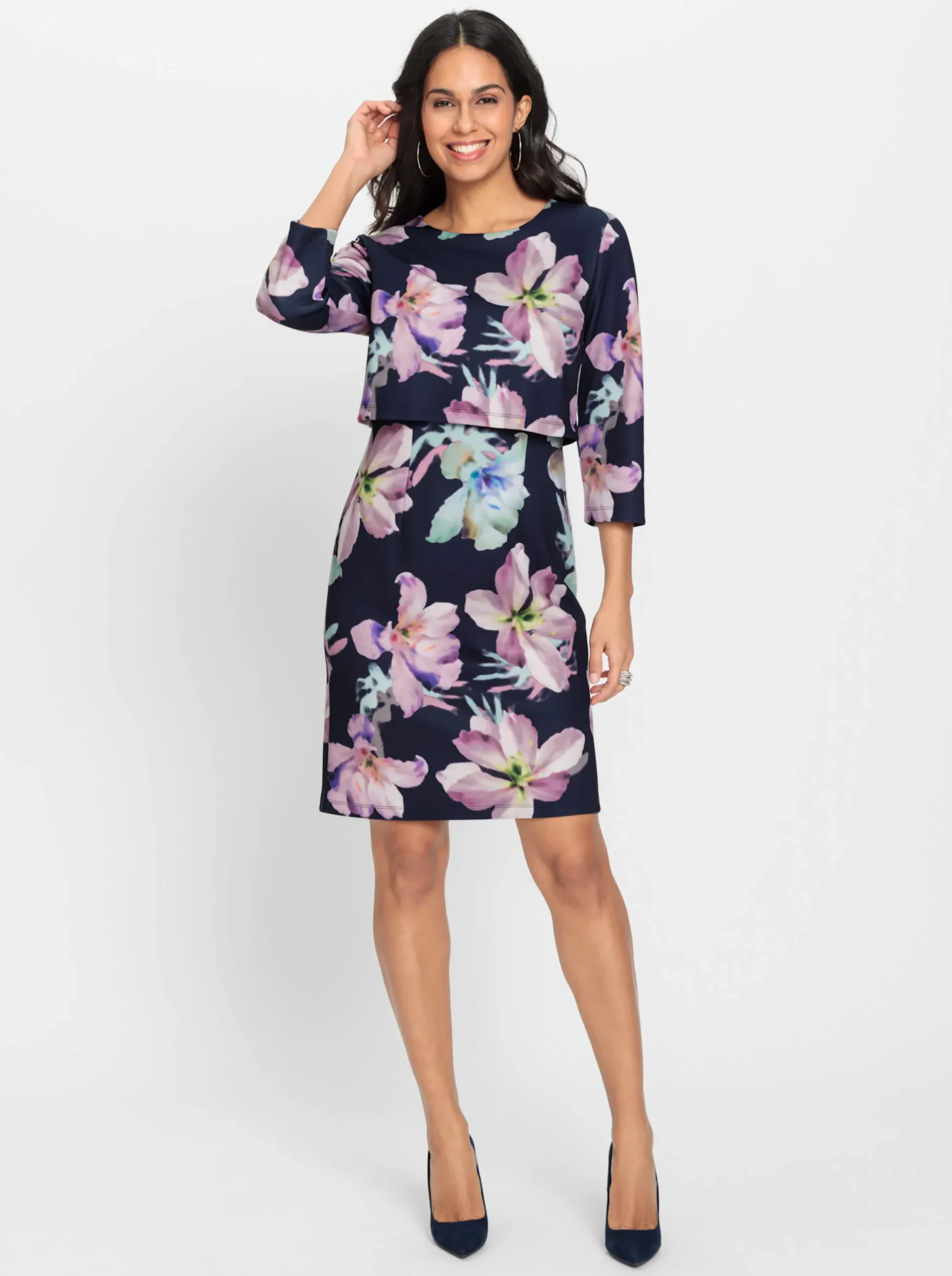 Abendkleider|Kleider| Jerseykleid mit Innenfutter marine-kalkmint-bedruckt