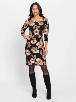 Kleider| Jerseykleid mit seitlicher Taillenraffung schwarz-bedruckt