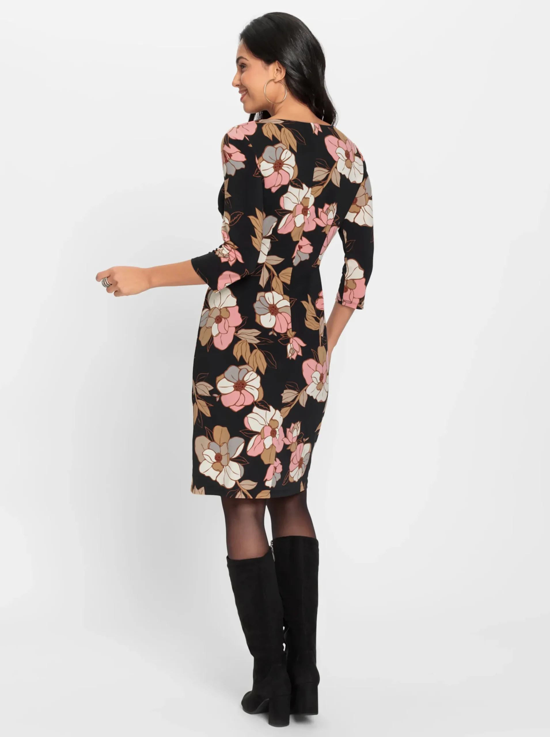 Kleider| Jerseykleid mit seitlicher Taillenraffung schwarz-bedruckt