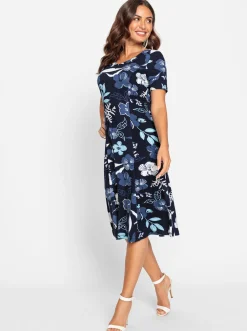 Abendkleider| Jerseykleid zum Reinschlüpfen marine-jeansblau-bedruckt