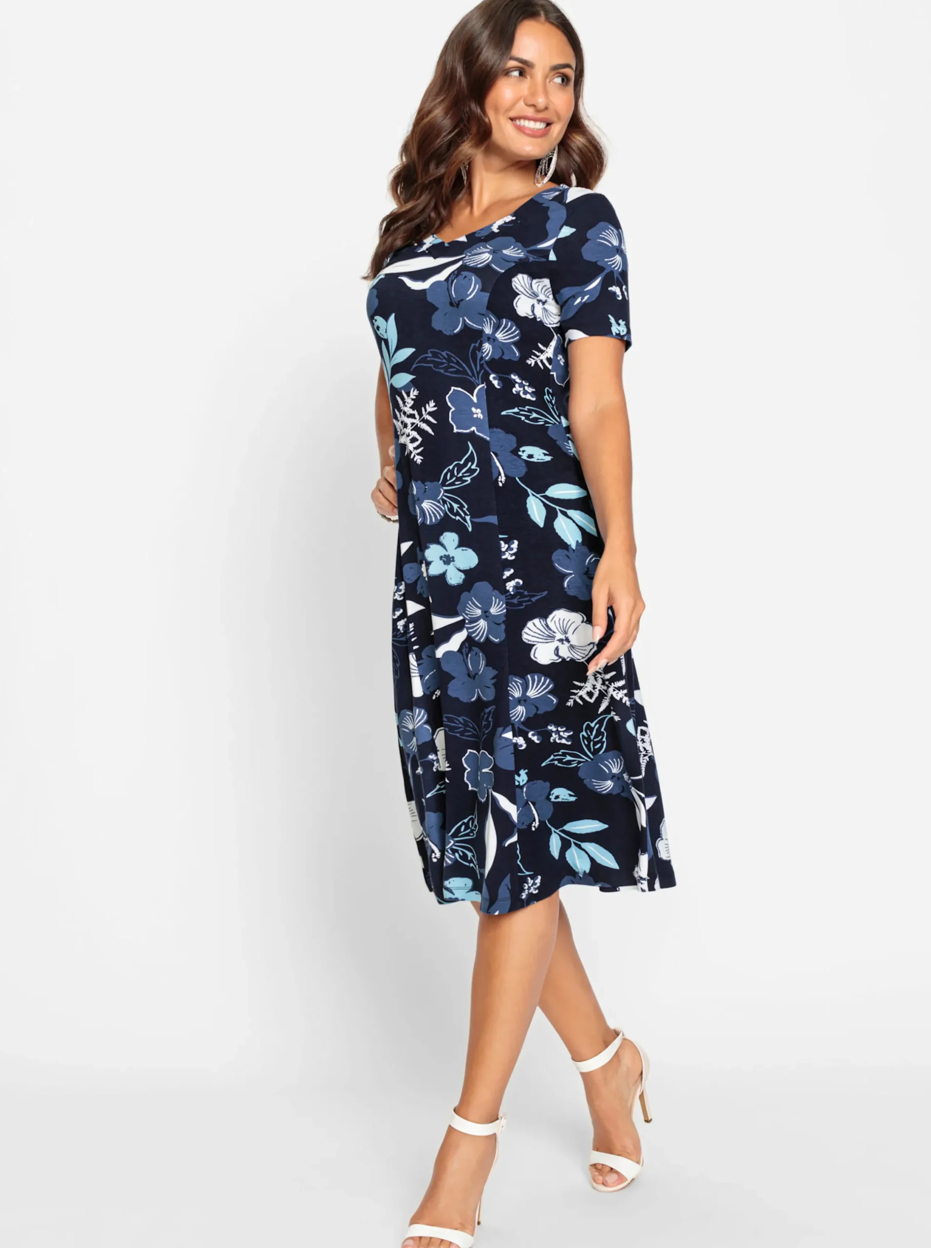 Abendkleider| Jerseykleid zum Reinschlüpfen marine-jeansblau-bedruckt