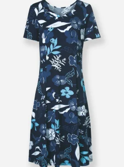 Abendkleider| Jerseykleid zum Reinschlüpfen marine-jeansblau-bedruckt