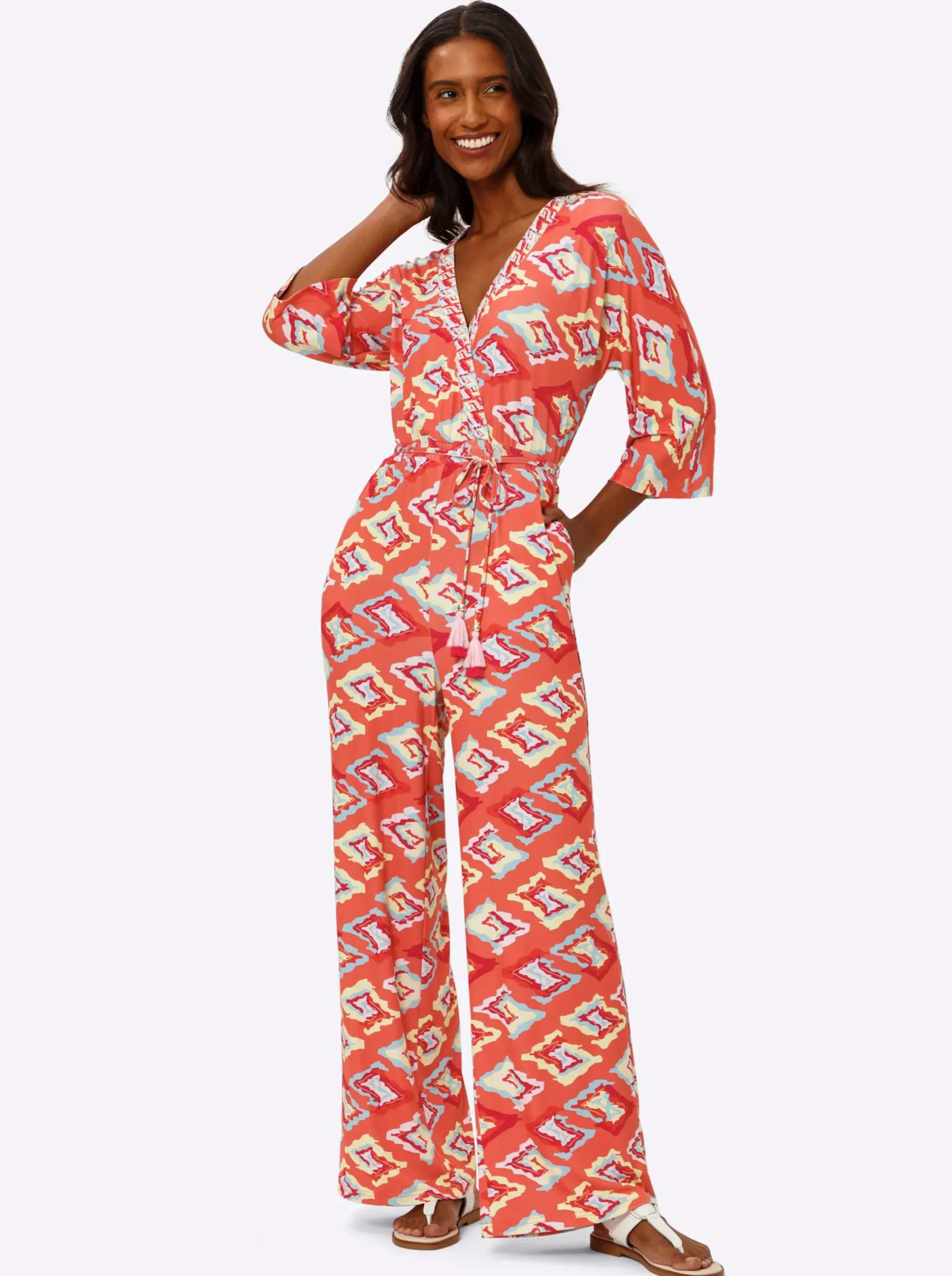 Overalls|heine Jumpsuit mit weitem Bein, bedruckt koralle-mint-bedruckt