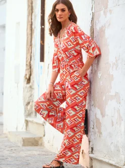 Overalls|heine Jumpsuit mit weitem Bein, bedruckt koralle-mint-bedruckt