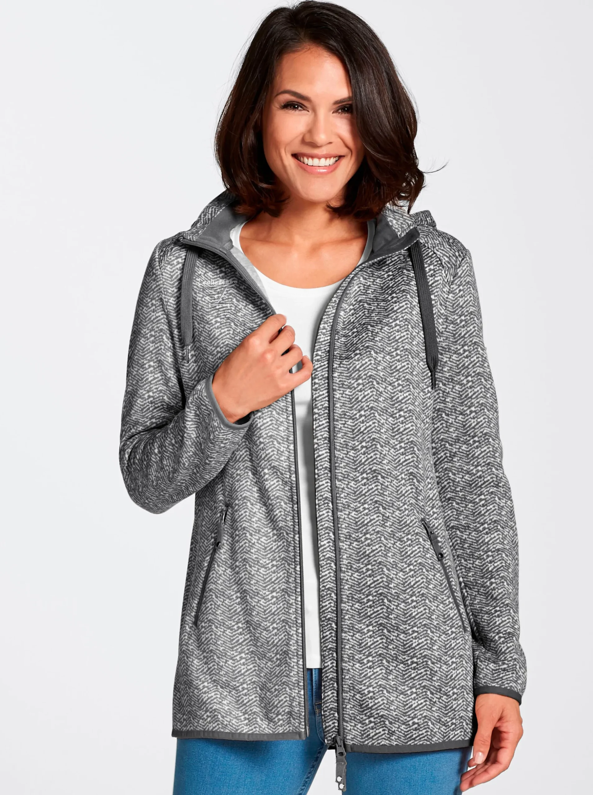 Jacken| Kapuzenfleecejacke in Melange-Optik grau-weiß-gemustert